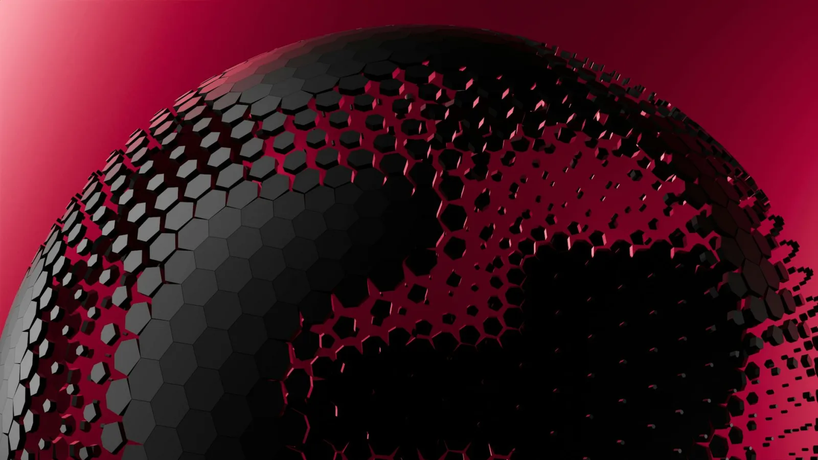 Intriguing 3D illustration of a hexagonal pattern forming a sphere with a deep red background.