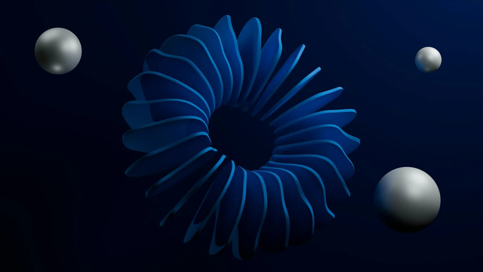 An abstract 3D design featuring blue curved shapes and metallic spheres on a dark background.