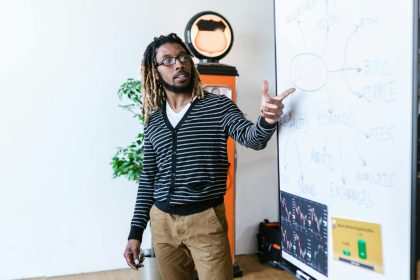 Man explaining cryptocurrency concepts on a whiteboard in a modern office setting.